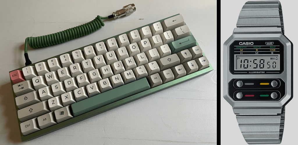 On the left my personal keyboard, green case and cable, soft gray and green key caps. On the right the Casio Vintage A100, a silver watch with a black digital face.