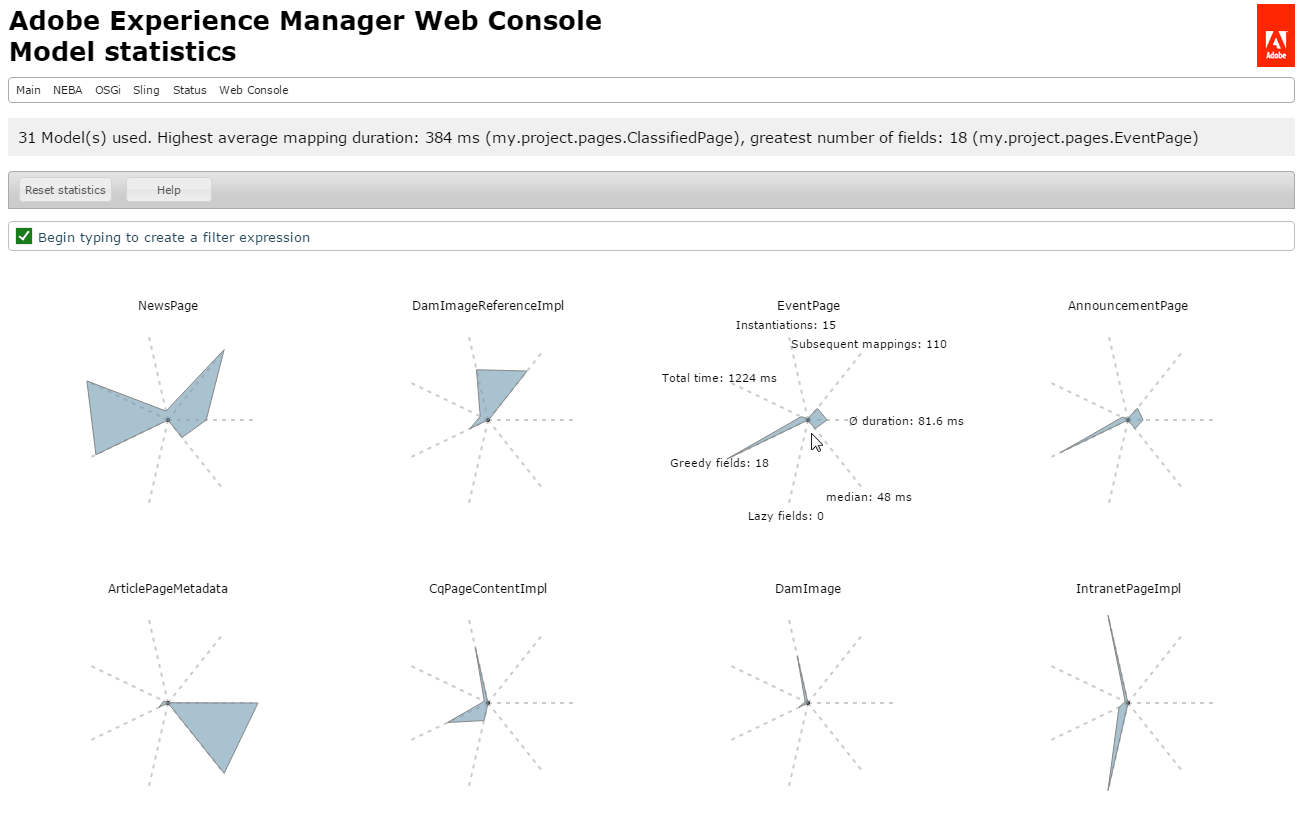 The NEBA model statistics console allows exploring real-time performance and meta data for all models