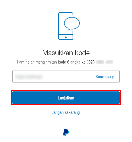 Memasukkan kode verifikasi SMS dari Paypal