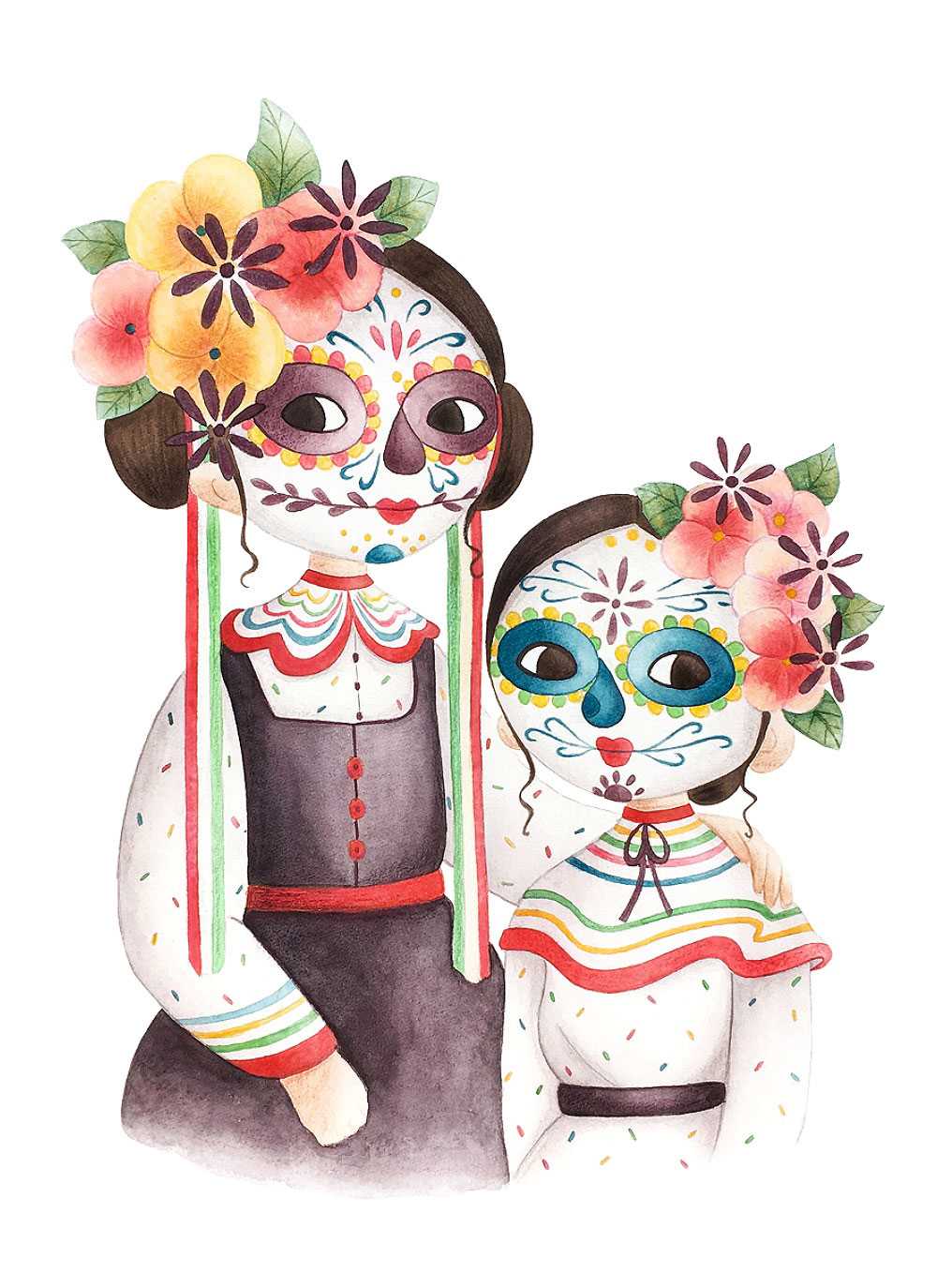 Two little girls with Dia de los muertos makeup and traditional costumes.