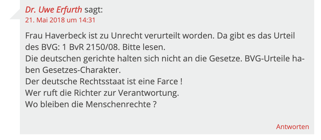 Uwe Erfurth kommentiert zu Ursula Haverbeck
