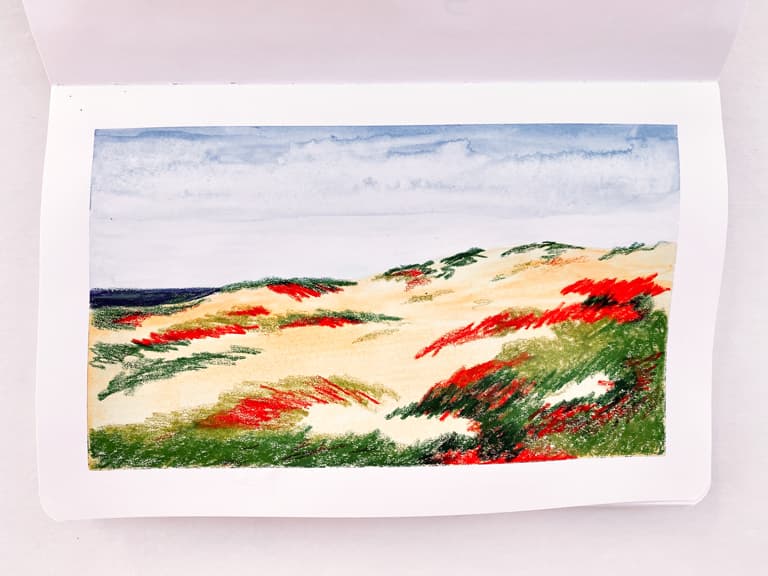 Dunes rendered in pale watercolor, with scribbles of umber and green in crayon on top