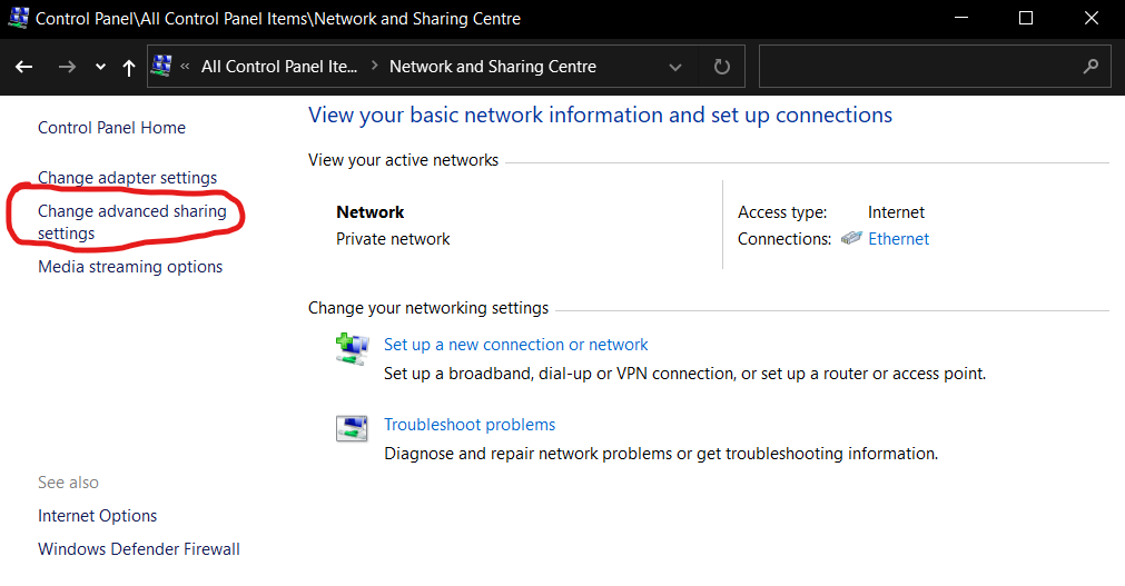 Network and Sharing Centre with advanced options circled in red
