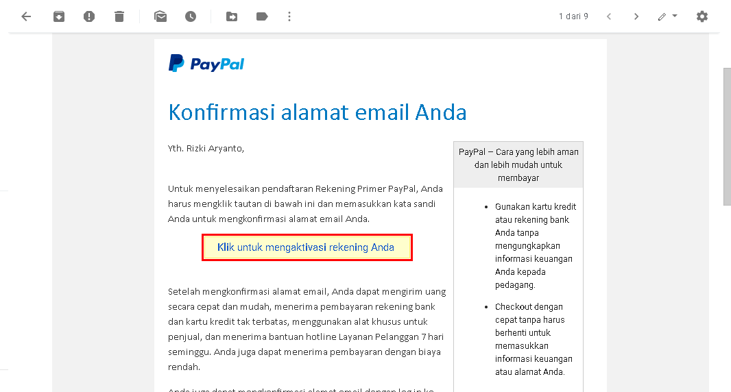 Pesan konfirmasi alamat email dari PayPal