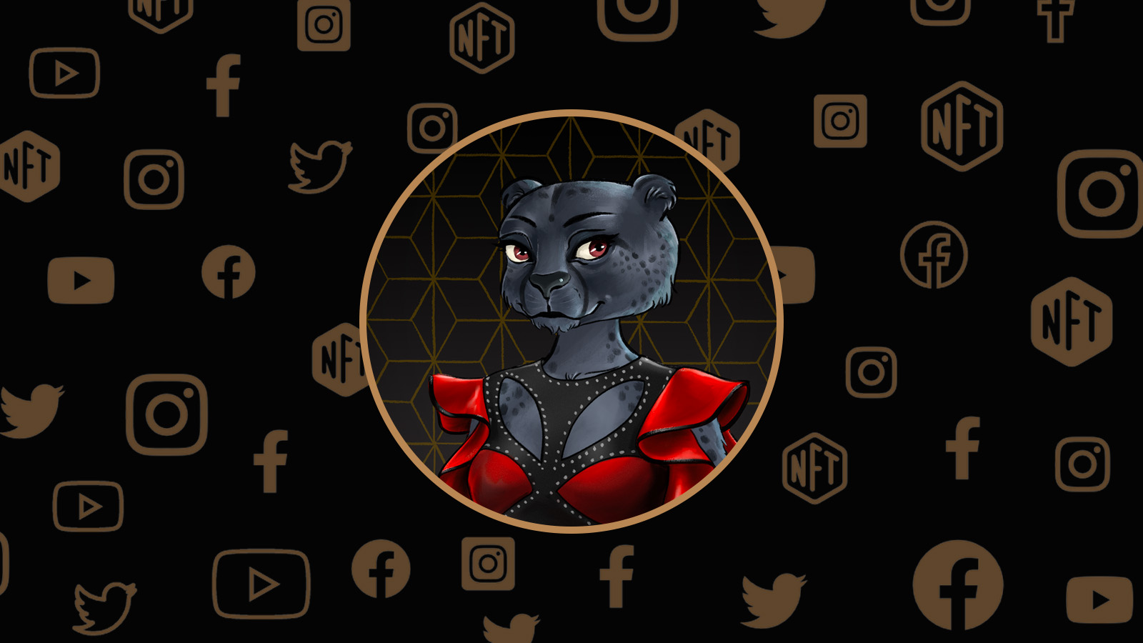 A black cheetah cat with a red flamenco dress with leather studded trim. The background shows icons for social media platforms.