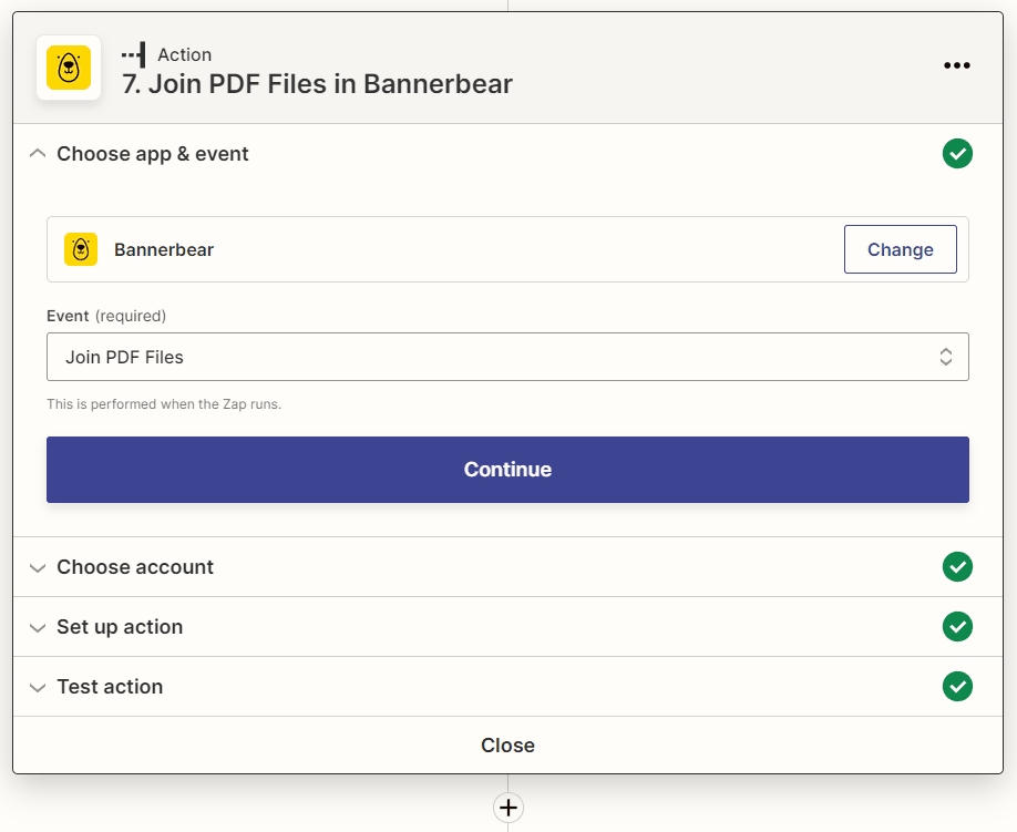 Screenshot of Zapier action to Join PDF Files in Bannerbear
