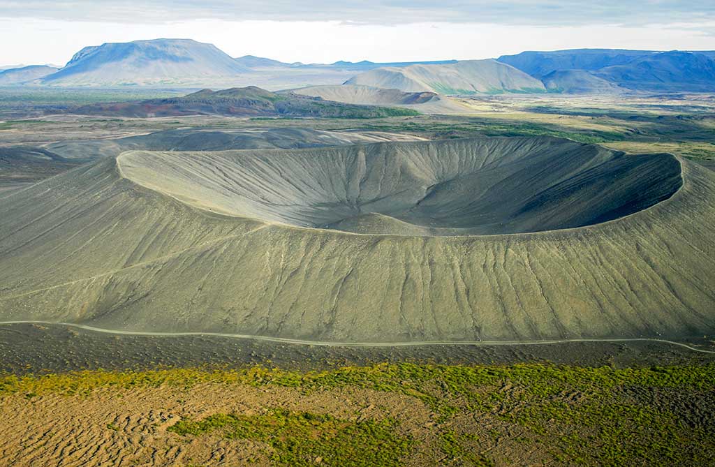 Deep crater seen from helicopter. Myvatn area in Iceland
