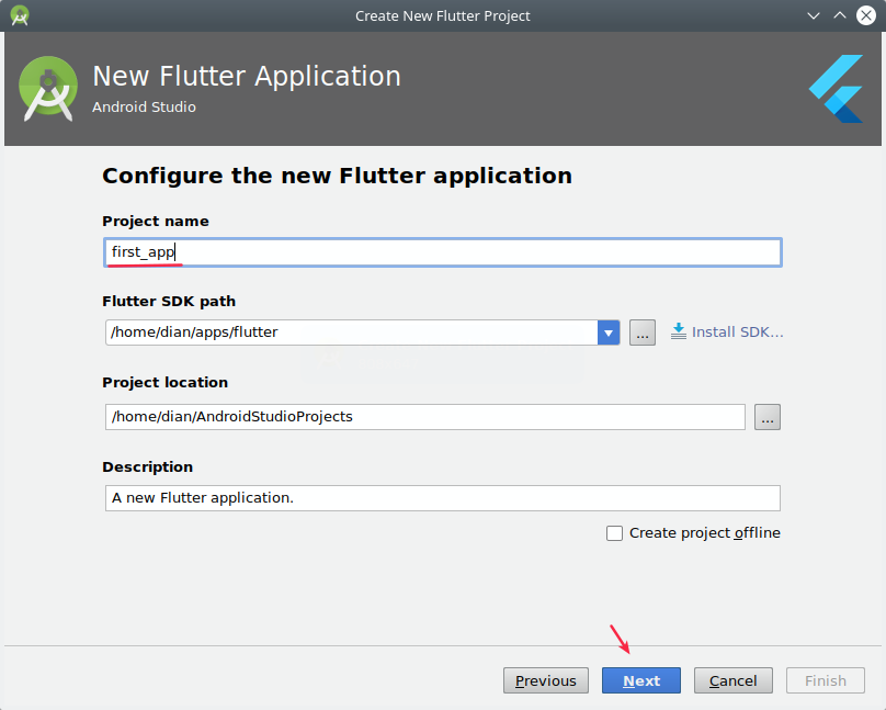 Nama aplikasi dan lokasi Flutter SDK