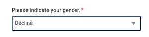 A screenshot of a form choice with a drop-down menu for gender with "Decline" selected