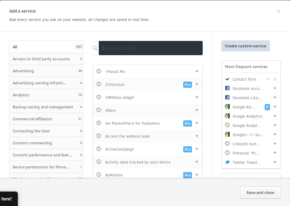 The service selection dialog of Iubenda.