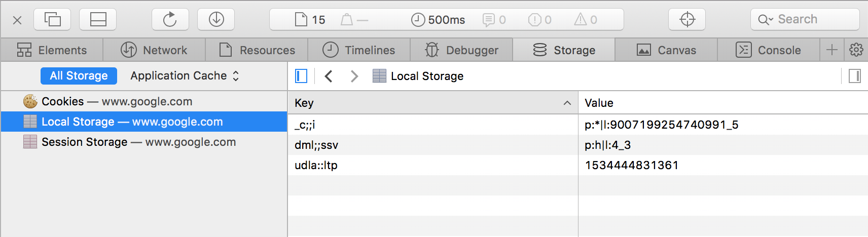 Storage option in Safari development tools