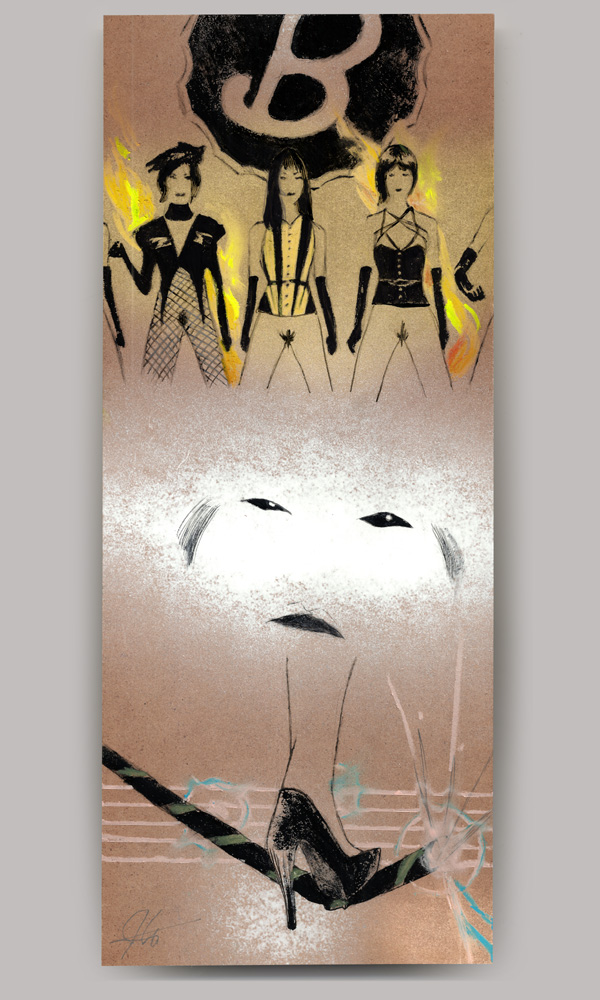 An acrylic painting on wood panel, titled 'R100', of several S&M women dressed in leather standing in a row. An emblem featuring the letter 'B' is painted above and below a ghostly face hovers over a pair of high heels smashing a black roman candle.