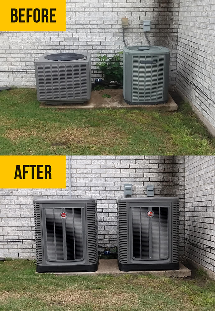 Photo of a before and after examples of two exterior AC units