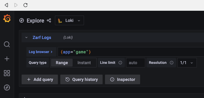 zarf user typing {app=&#39;game&#39;} into the Loki Log Browser