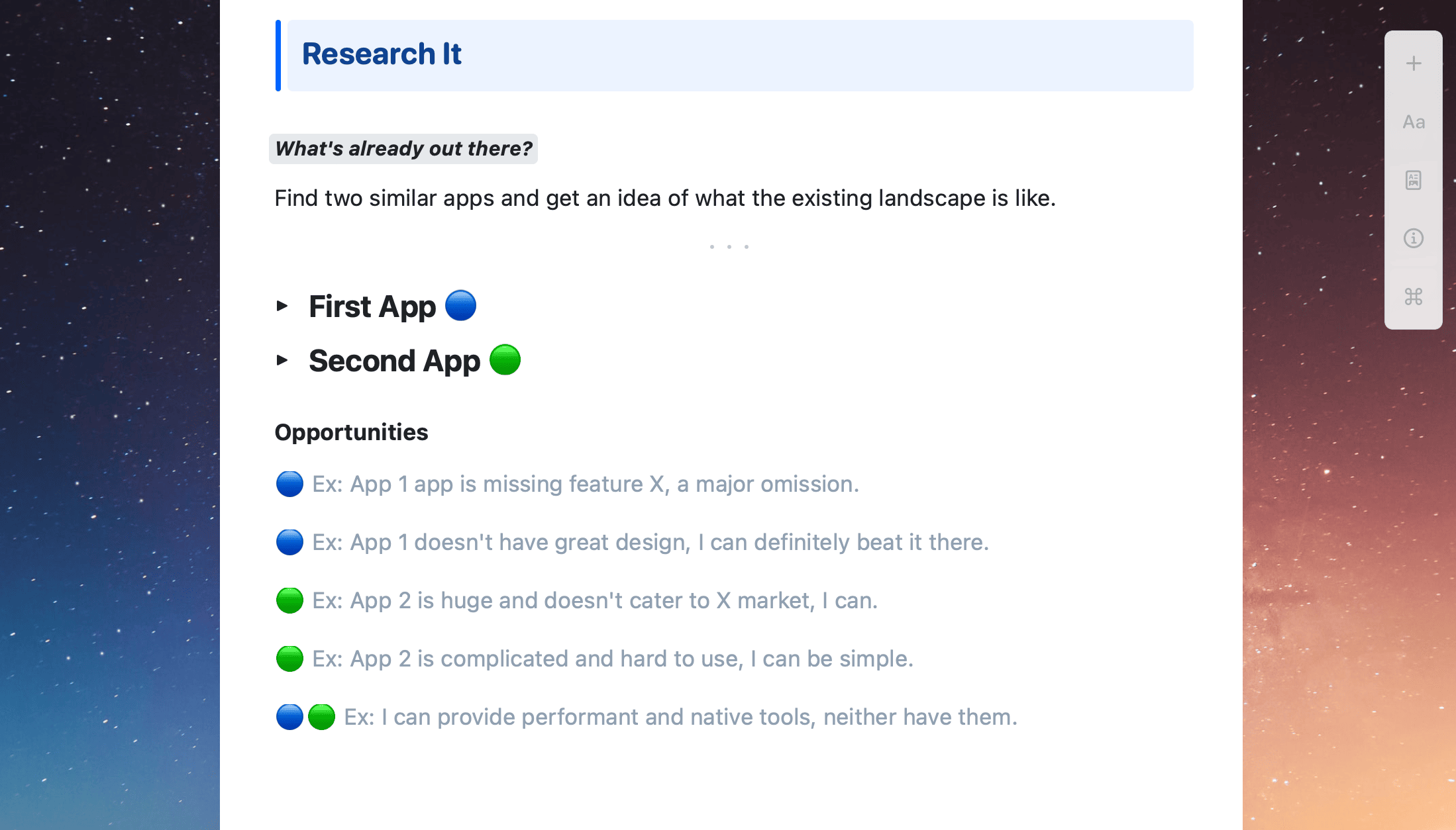 Craft Docs template showing a guide to researching iOS apps.