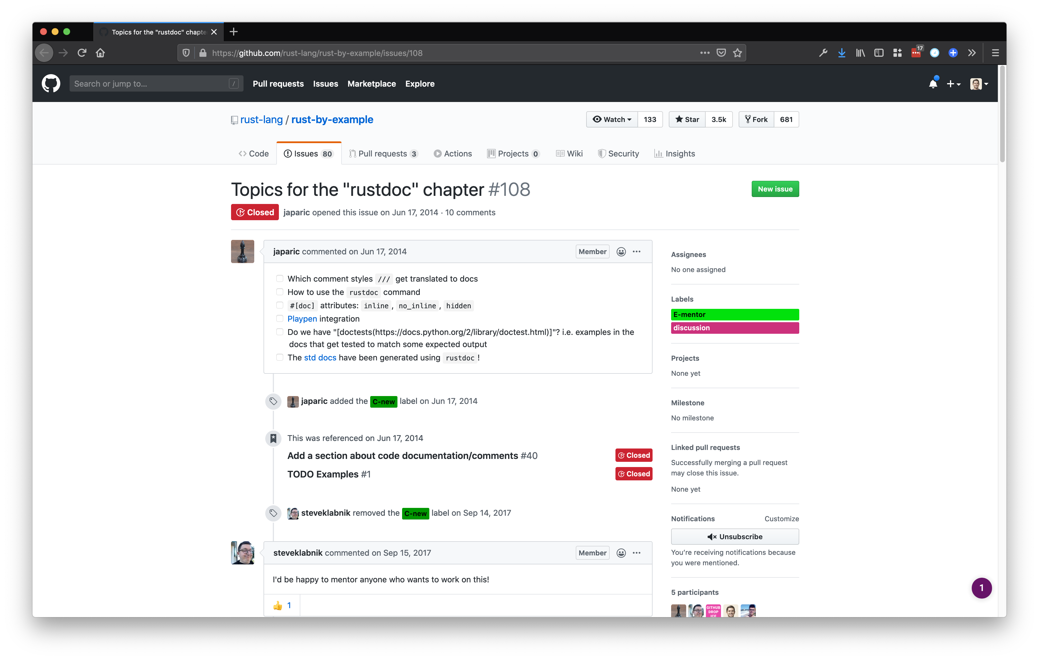 Screenshot of GitHub issue in Rust by Example repo
