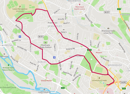 Headingley and Kirkstall Three Parks 10km run route map card image