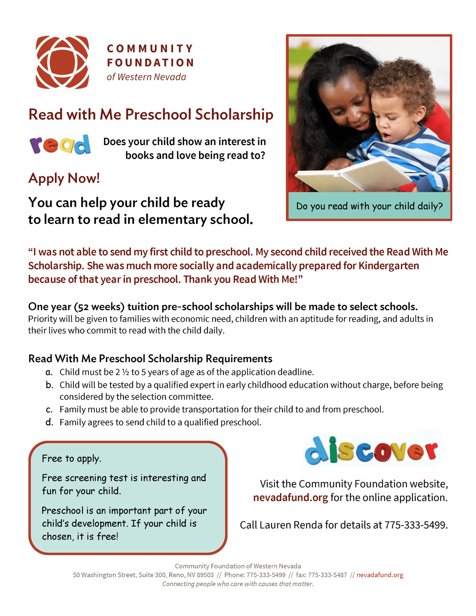 Read With Me Preschool Scholarship Community Foundation of Northern
