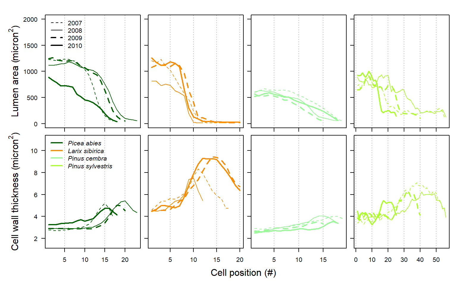 Comparison of individual tracheidograms within a single annual ring (upper graph) and mean tracheidogram among years and species (lower graph) as obtained with RAPTOR using the example data (including Picea abies, Larix siberica, Pinus cembra and Pinus sylvestris; see example.data ()).