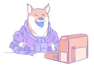 Ilustracija psa Doge koji koristi računar.