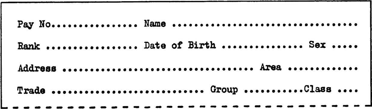 Grouped form fields.
Row 1: Pay No, Name.
Row 3: Rank, Date of Birth, Sex.
Row 4: Address, Area.
Row 5: Trade, Group, Class.