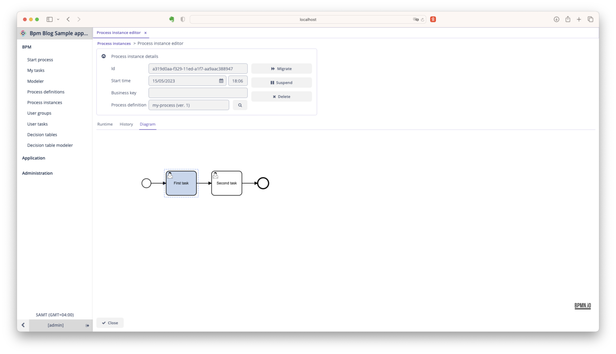 A process instance editor with the state monitoring diagram