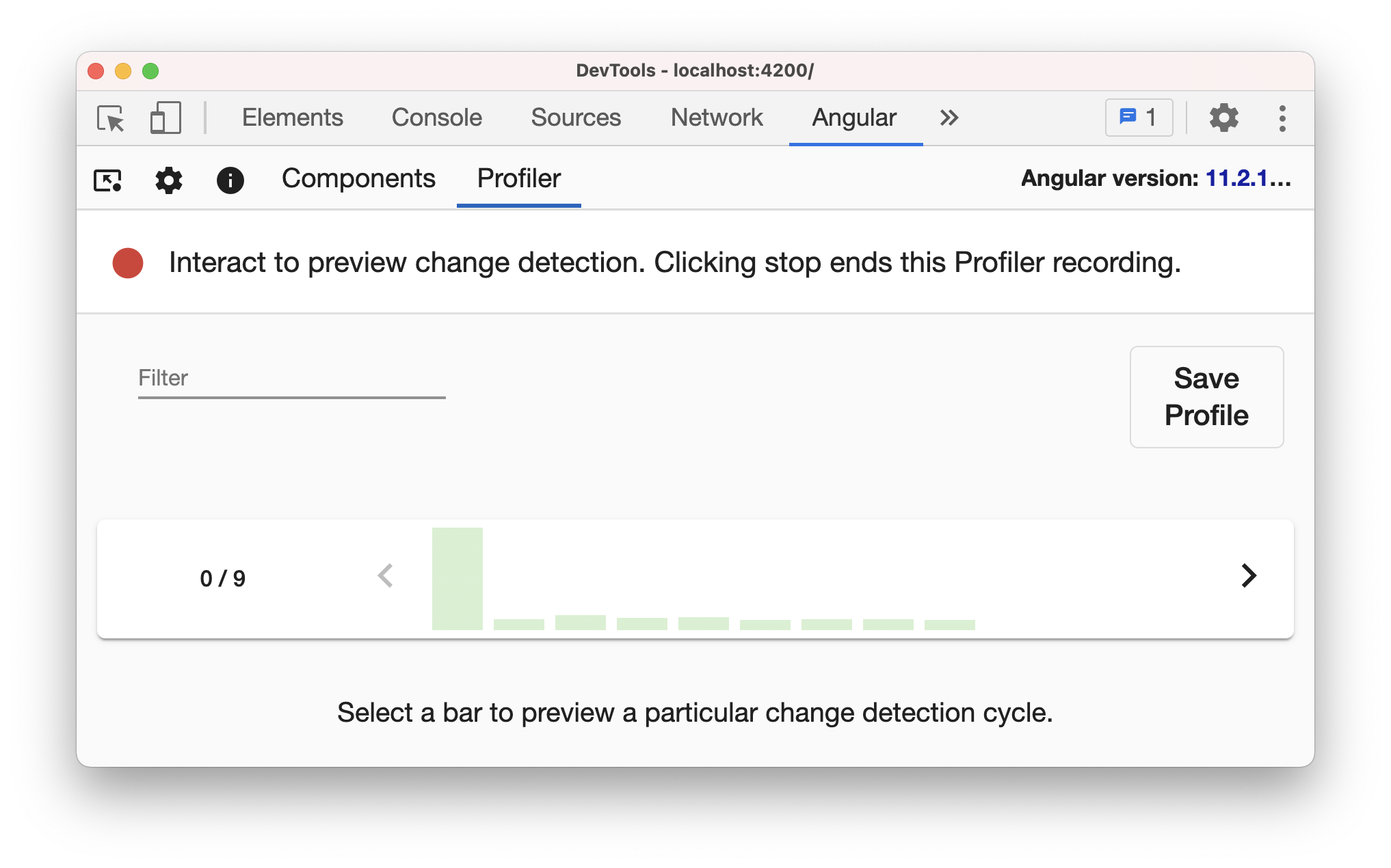 Angular dev tools profiler showing bar chart