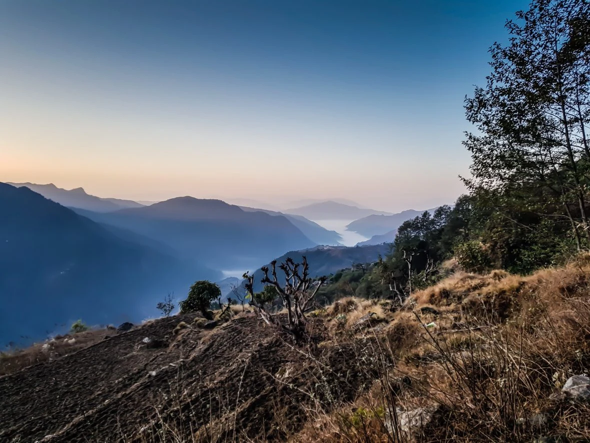 The mountainous landscape of Gorkha district, Nepal.