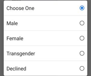 A screenshot of a mobile form choice with radio options for  "Choose One", "Male", "Female", "Transgender", "Declined"
