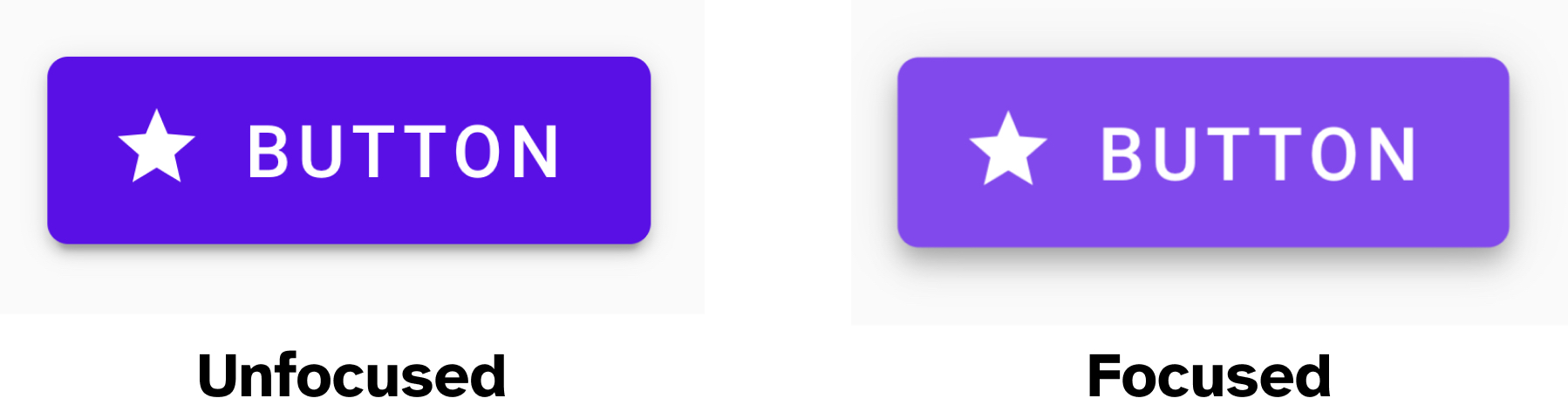 A button from Material Design's component library in its default unfocused state on the left, and its focused state on the right. When unfocused, the button has a navy blue background color. In its focused state, the background color becomes purple.
