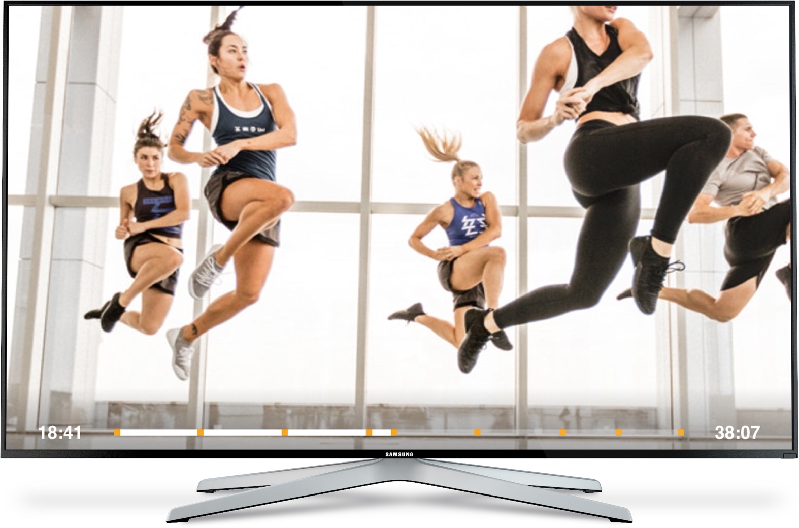Image of Les Mills On Demand streaming video workout. 4 athletes exercising.