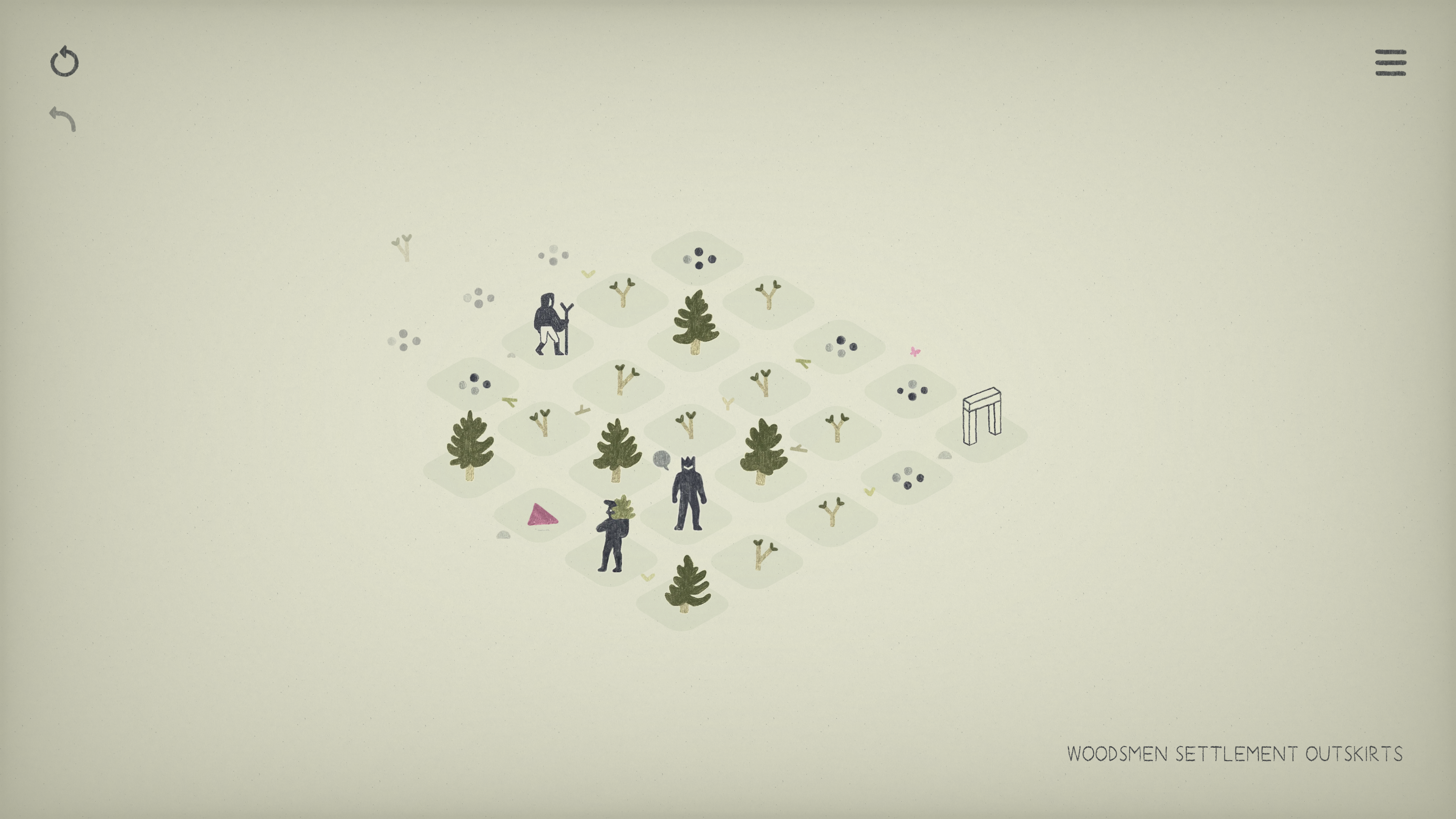 Game screenshot showing a small isometric grid, with characters, trees, and plants occupying the squares.