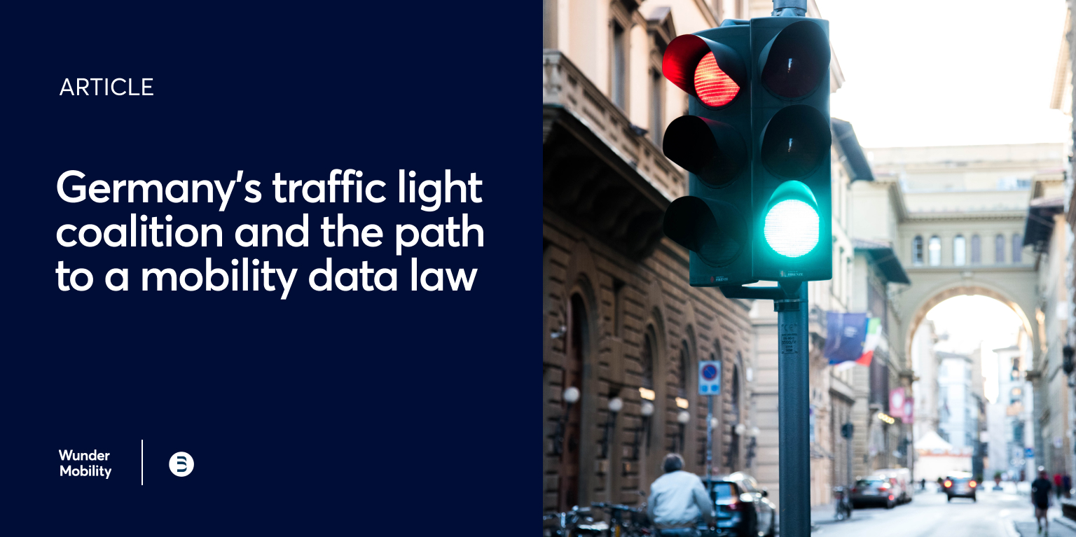 Template with image of red and green glowing traffic light featuring copy stating Germanys traffic light coalition and the path to a mobility data law.