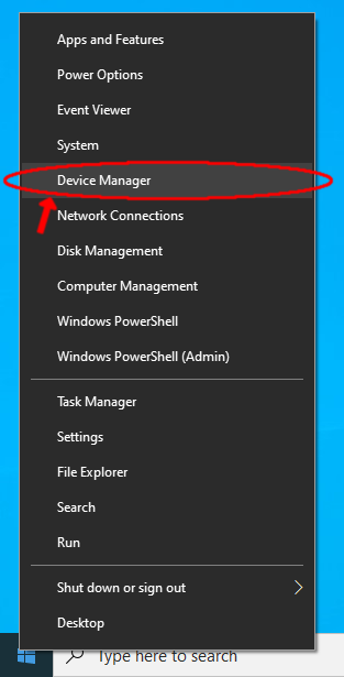 Image of the Start menu options, with Device Manager circled.