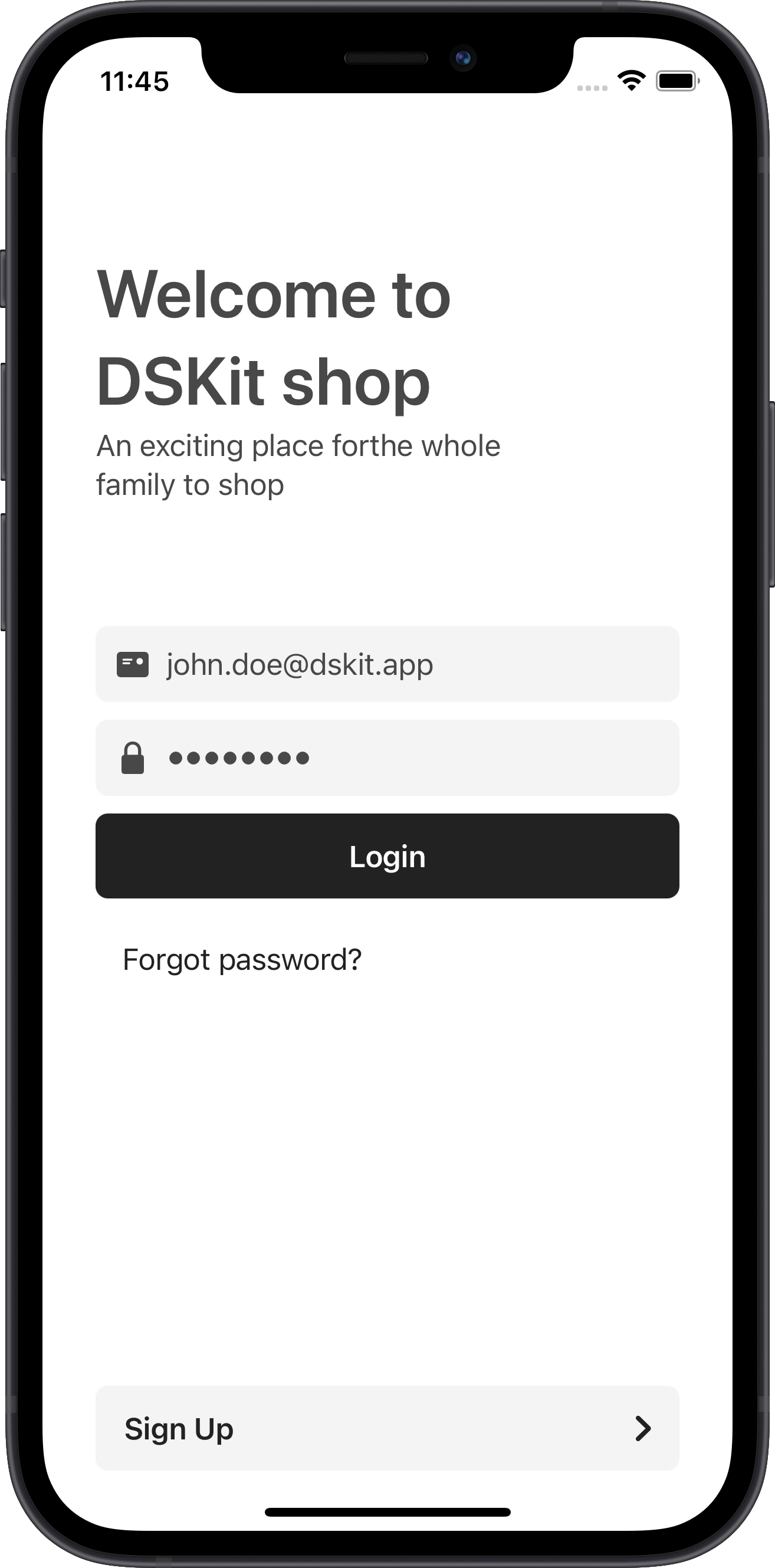 e-commerce authentication screen with username and password
