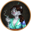 A snow leopard with a brown ponytail, wearing a turquoise floral kimono and hair sticks with a red belt, holding a teal cigarette holder.