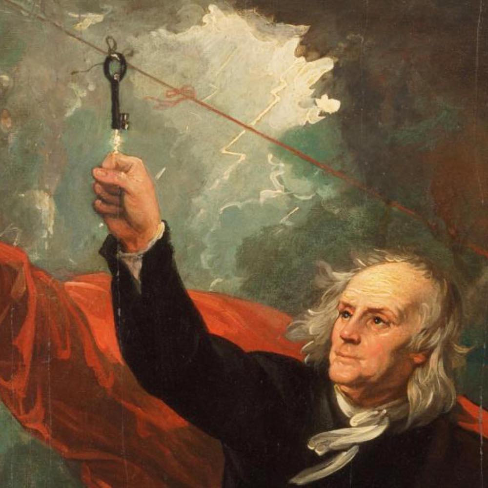 Франклин ставит опыты с молнией во время грозы. Источник: fi.edu/benjamin-franklin/kite-key-experiment