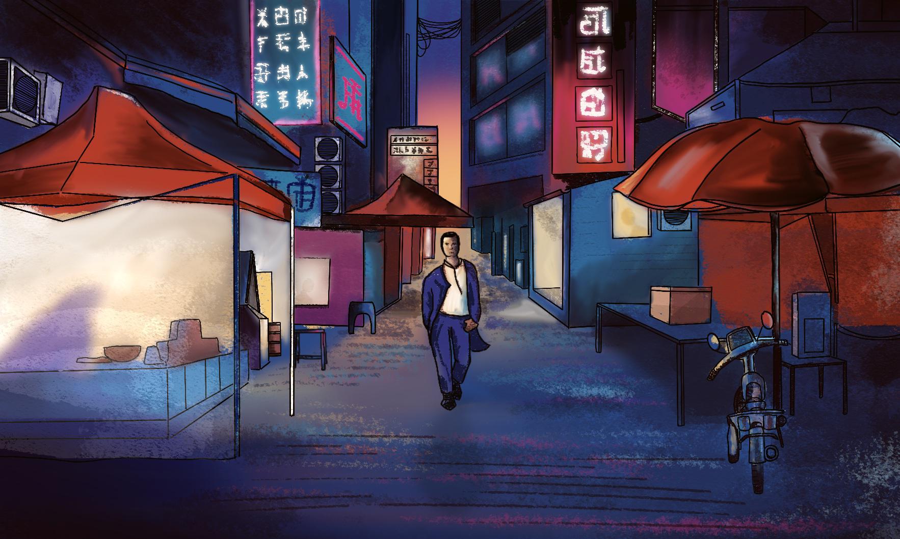 A digital painting of a street at night by Adam Westbrook