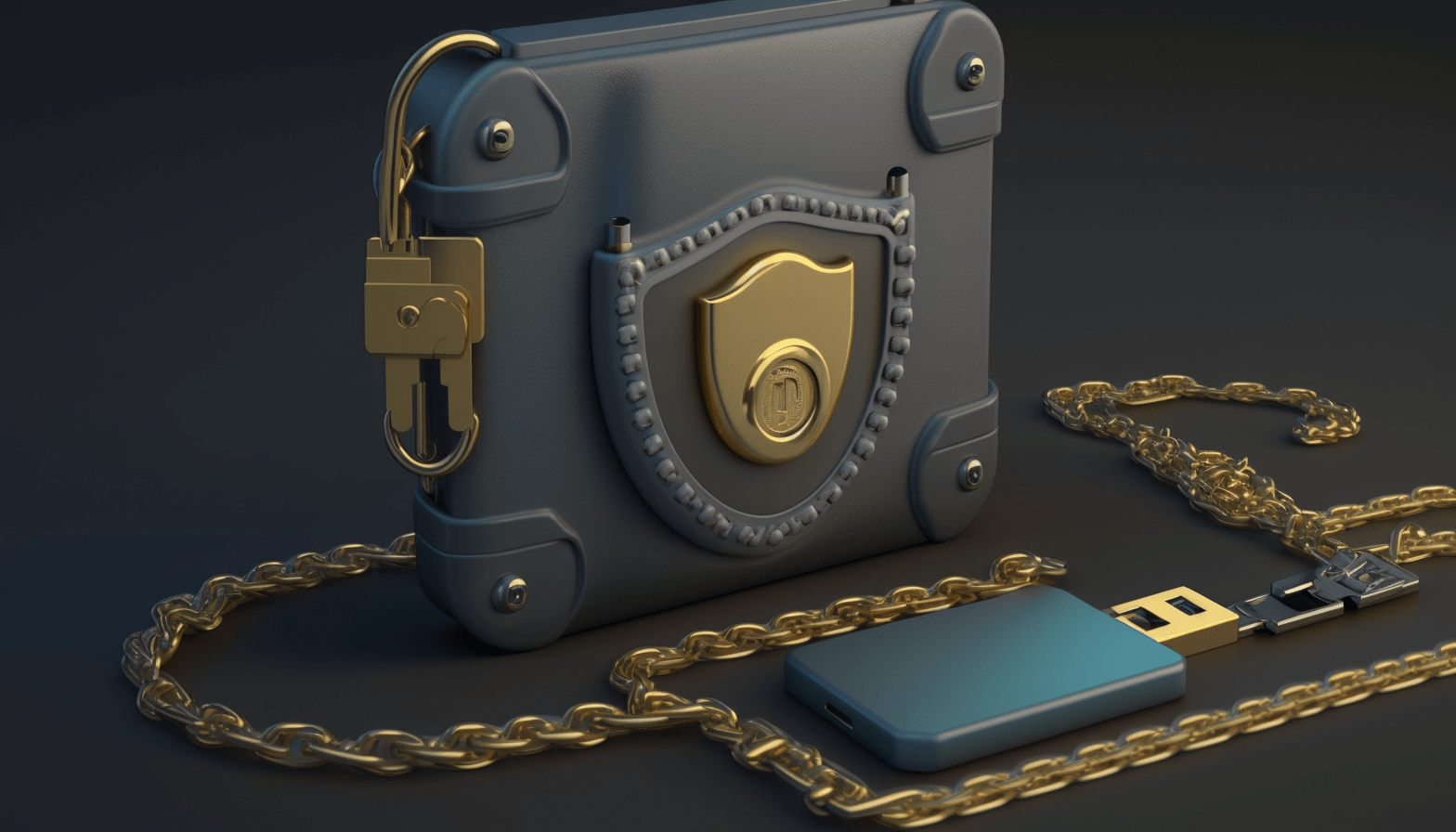 A hardware wallet with a padlock and chain around it, symbolizing the security of storing cryptocurrency in a hardware wallet.