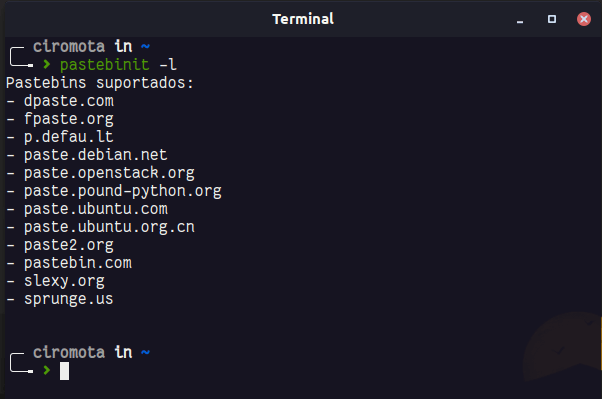 Lista de servidores suportados pelo Pastebinit