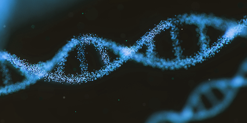 DNA spiral formed by pale blue dots on a dark background