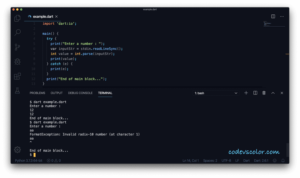 Exceptions and how to handle exceptions in Dart CodeVsColor
