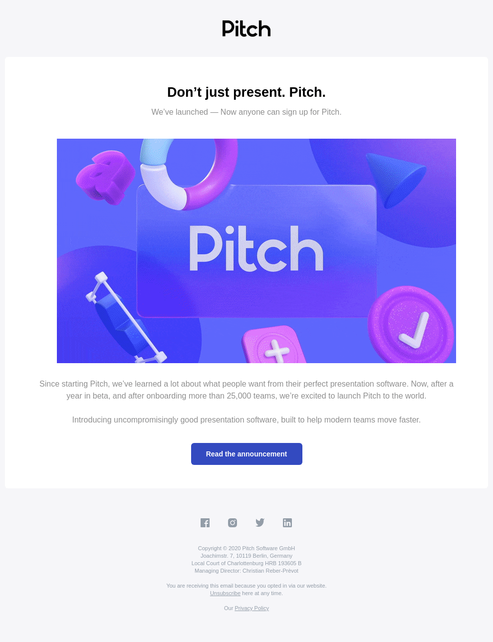 SaaS Product Launch Emails: Screenshot of Pitch's launch email