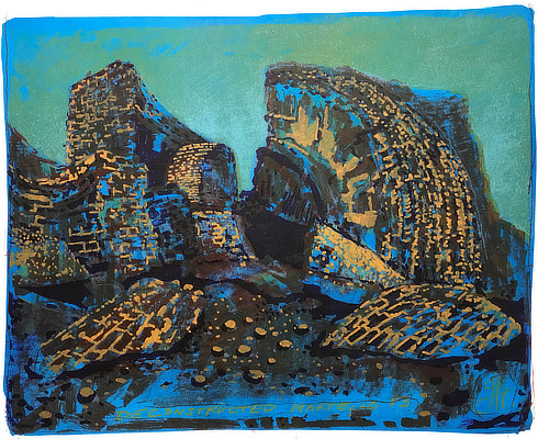 colourful lithograph of a fragmented Martello Tower