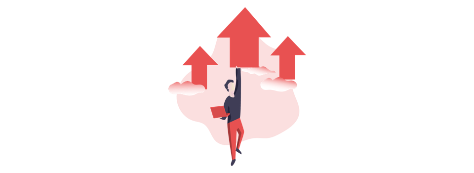 illustration of person holding a laptop while being lifted up by three arrows illustration of person holding a laptop while being lifted up by three arrows
