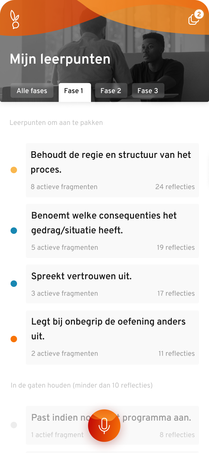 Keyscreen: leerpuntenoverzicht voor gezinsmanagers.