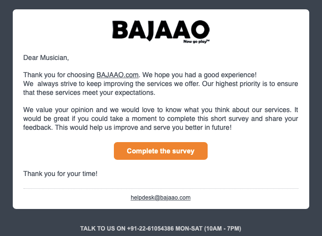 Bajaao complete the survey email