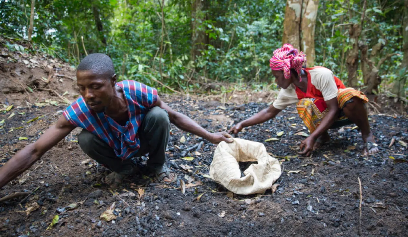 Man and woman collecting charcoal at a pit in the forest