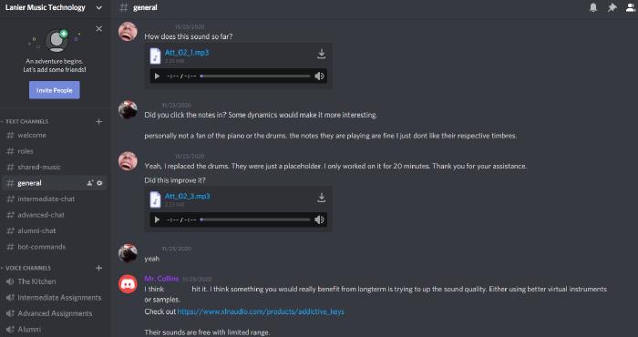 Our Music Technology Discord channel is active all the time with students asking for advice on their projects. Even though students are on Thanksgiving break, they are able to ask and receive feedback.