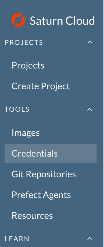 Screenshot of side menu of Saturn Cloud product with Credentials selected
